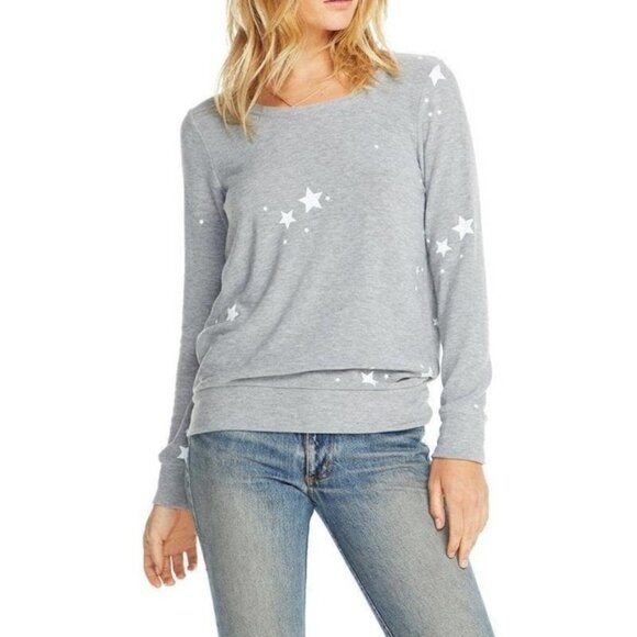 Chaser Stars Print Crewneck Long Sleeve Grey Pullover Sweatshirt NWT Size Small - Picture 3 of 15